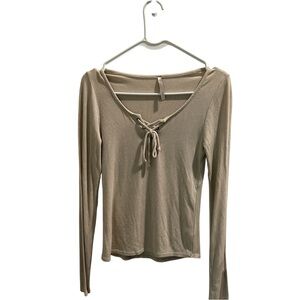 Mono B Beige‎ Ribbed Long Sleeve Tie Front Top Size S